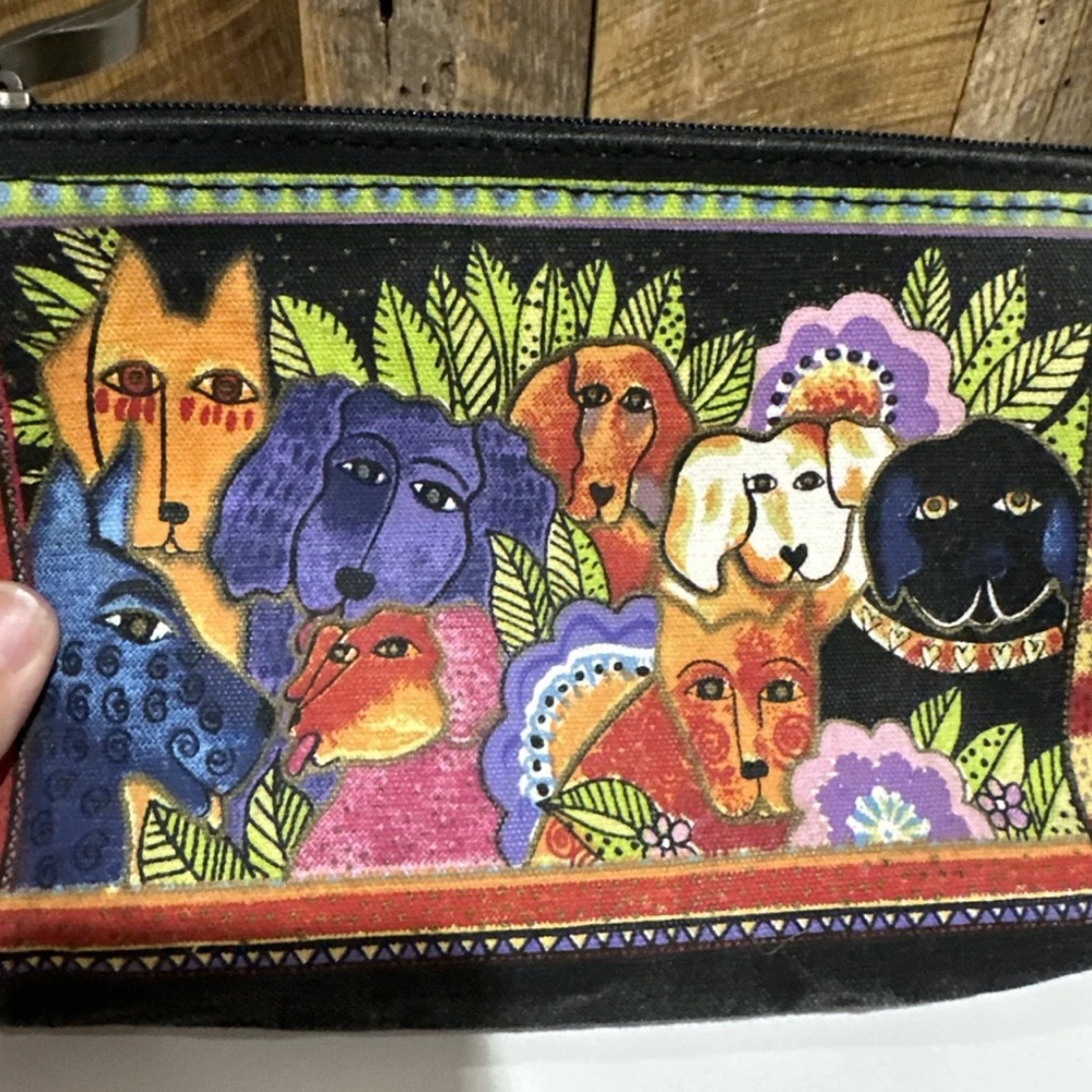 Laurel Burch Canvas Zippered Canine Clan Cosmetic Bag 9 1/4” X 6 1/2” Preowned - Picture 3 of 11